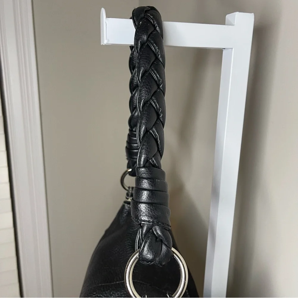 Lauren Ralph Lauren Black Leather Shoulder Bag Braided Strap Hobo Purse - Picture 4 of 7